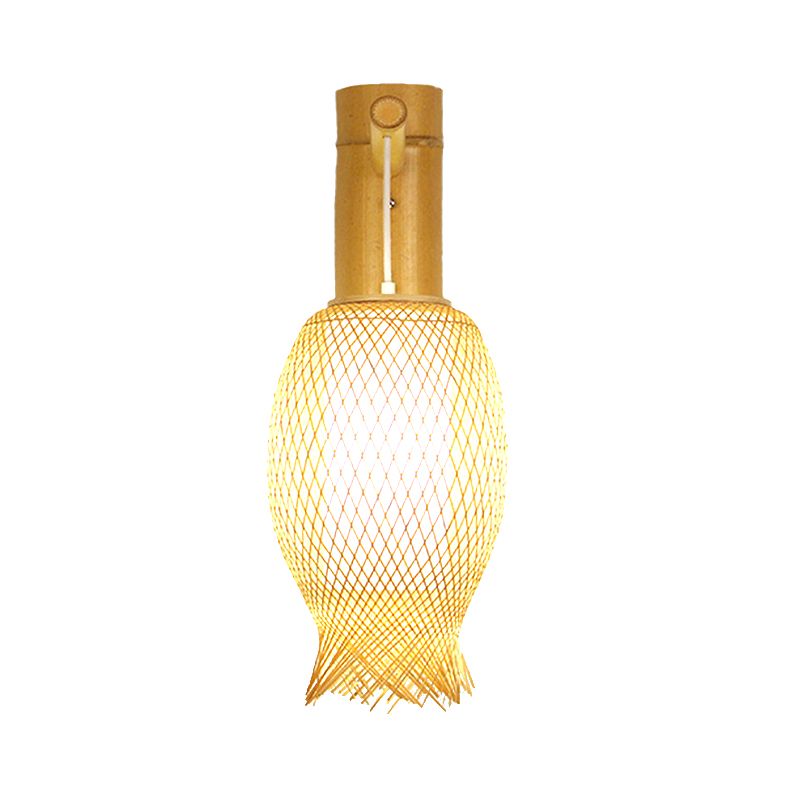 Hand Woven Bamboo Wall Sconce Lighting Asian Style 1 Bulb Beige Wall Lamp with Oblong Shade