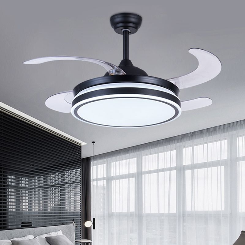 36 "W LED LED Accensione della ventola a ciondolo moderno Circle Metal 4 Blade Semi Flush Aitura del soffitto in nero, Remoto/Controllo a parete/Remoto e Controllo della parete