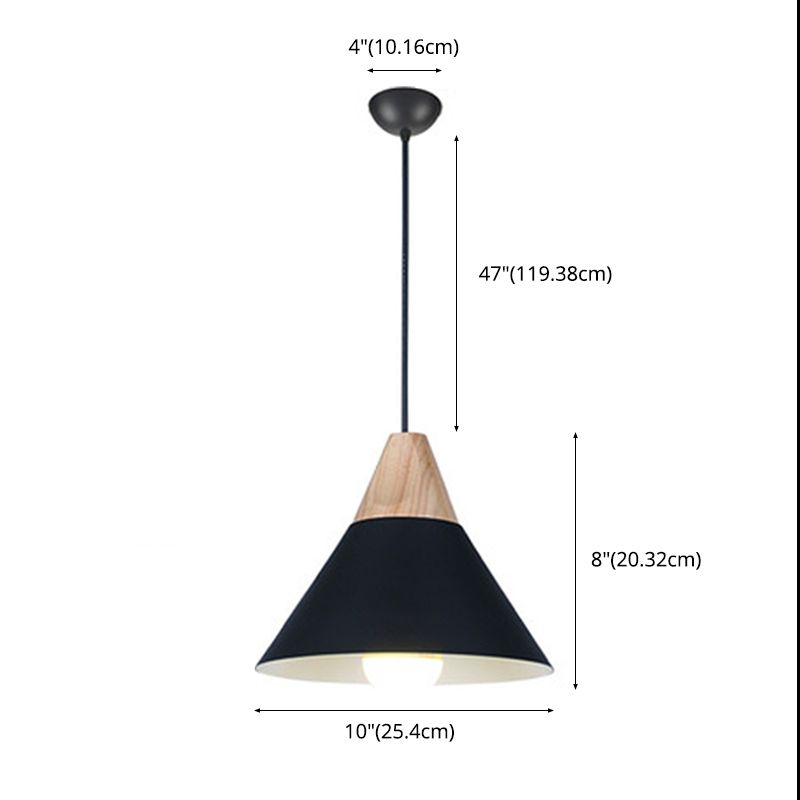 Metal Tapered Hanging Light Nordic Style 1 Light Wooden Top Ceiling Pendant Lamp for Living Room