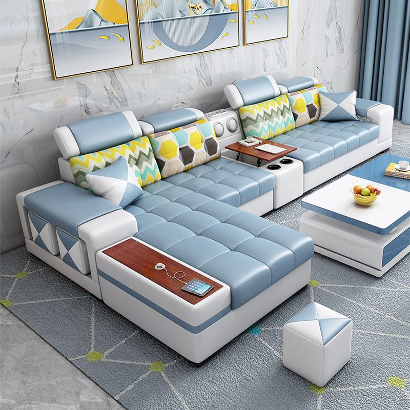 Contemporary Solid Wood Faux Leather Pillow Top Arm Sofa with Storage