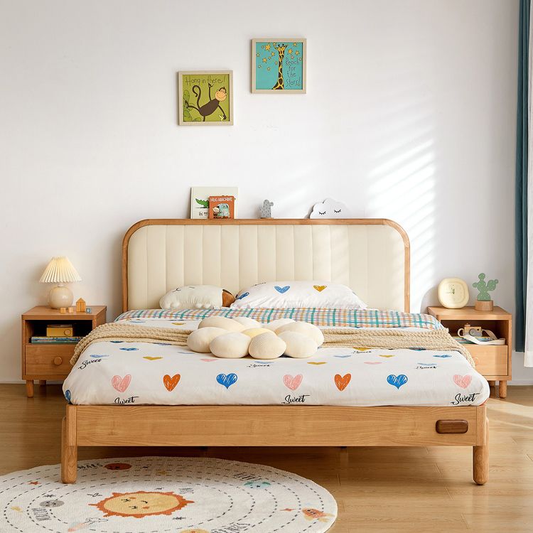 Scandinavian Standard Bed Wood Frame Bed with Upholstered Headboard