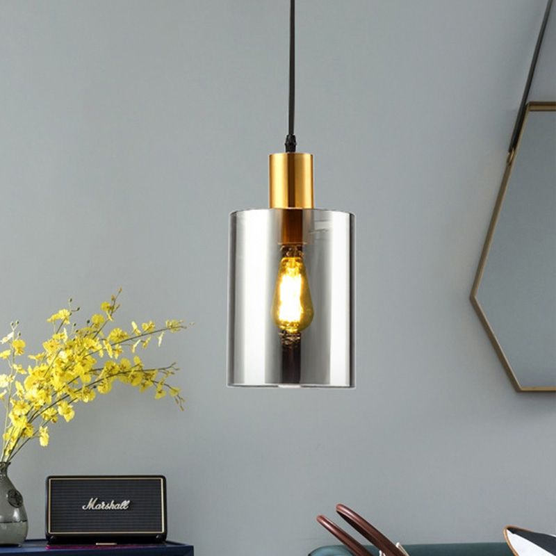 Cylinder Pendant Light Fixture Postmodern Smoke Gray Glass 1 Head Bedroom Hanging Lamp Kit