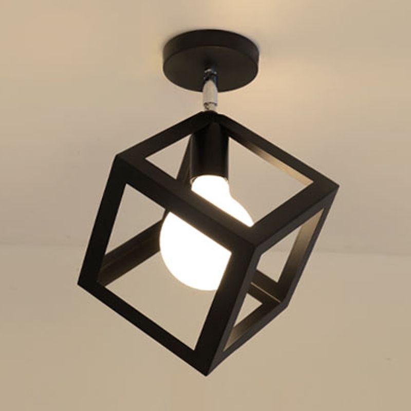 Industrial Flush Light Fixtures Geometric Iron 1 Light Flush Mount Lamps in Black
