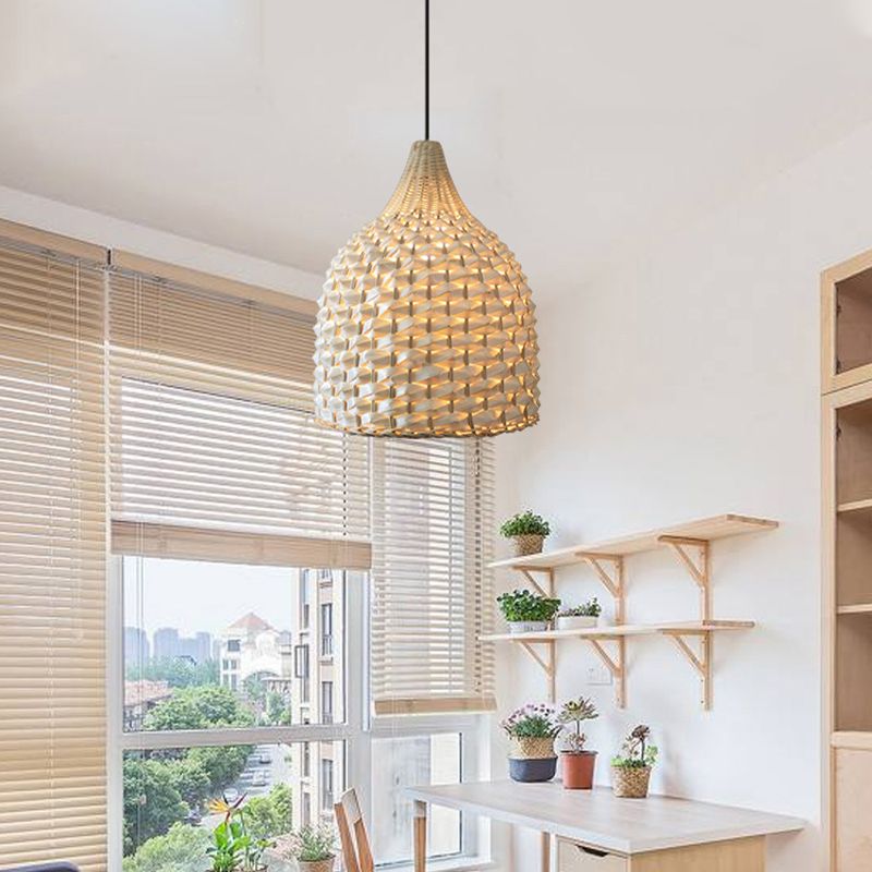 Modernism Basket Pendant Lighting Bamboo 1 Bulb Hanging Light Fixture in Beige