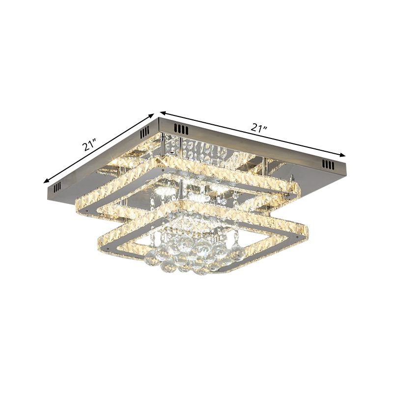 2-Tier Square Bedroom Ceiling Lamp Crystal Block LED Contemporary Semi Flush Light in Chrome