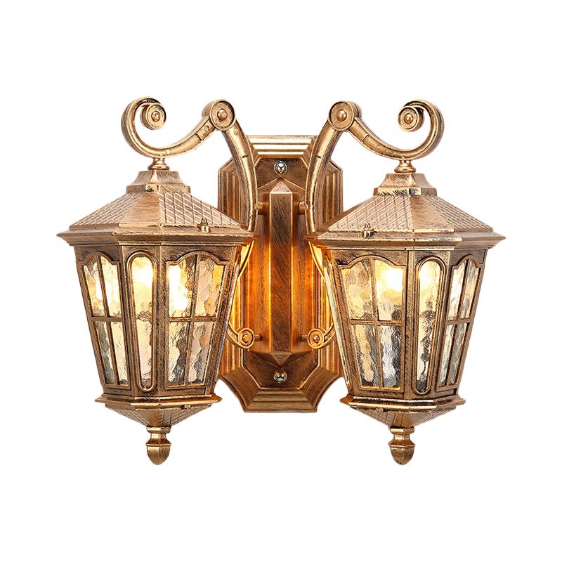 Lodge Lantern Wall Mount Lamp 2-Light Clear Water Glass Wall Lighting Fixture in Bronze