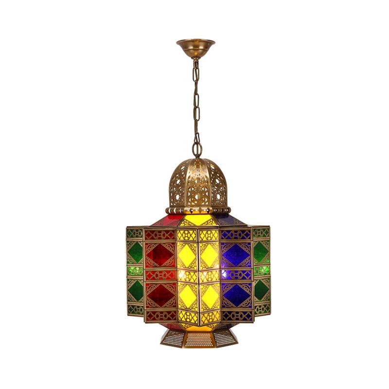 4-Head Metal Pendant Lighting Arab Lantern Stained Glass Chandelier Light Fixture in Brass