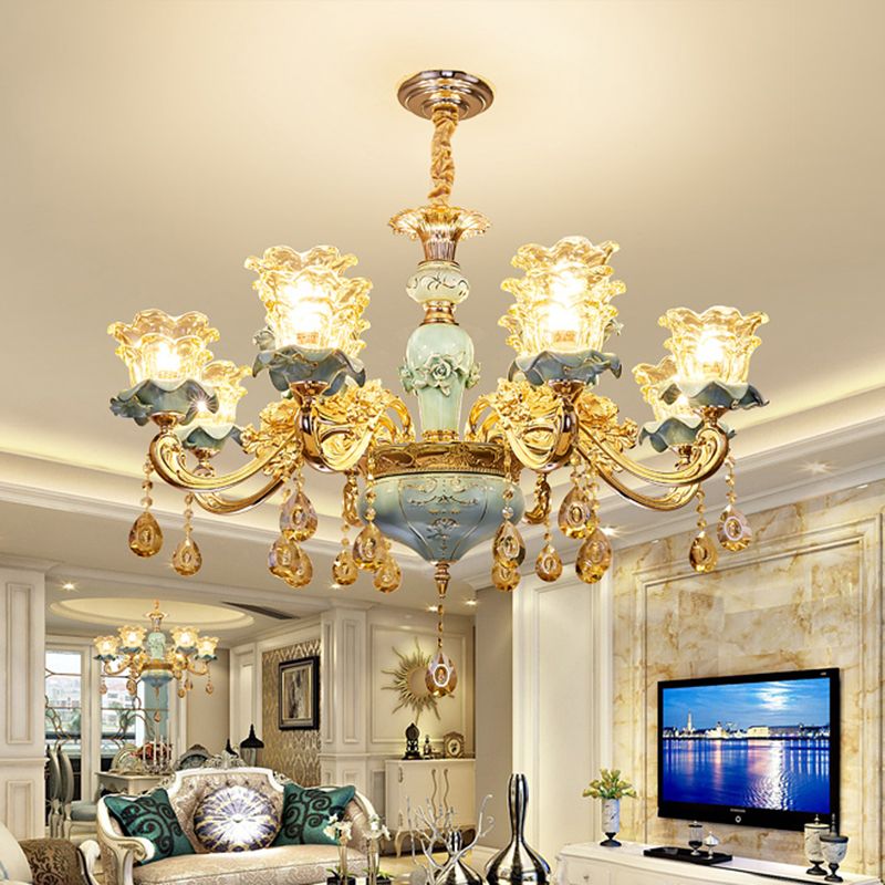 Handblown Glass Blue Chandelier Light Ruffle Flower Retro Pendant Light with Crystal Draping