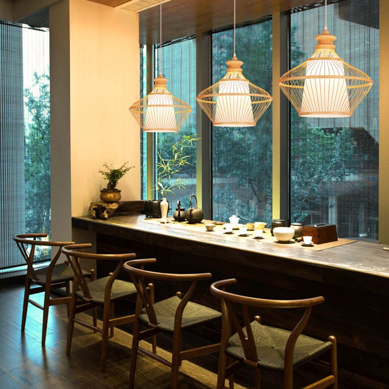 Luce appesa di bambù semplicità geometrica Secondo illuminazione a pendente per sala da pranzo