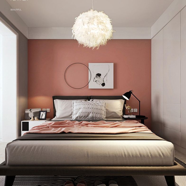 Feather Shaded Suspension Pendant Minimalist 1 Head White Hanging Lamp for Dining Room