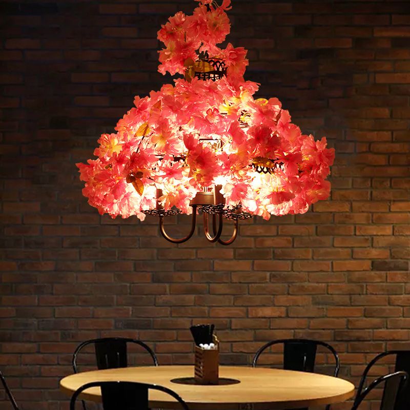 Metal Pink Chandelier Lamp Flower 3 Lights Industrial LED Hanging Ceiling Light for Restaurant