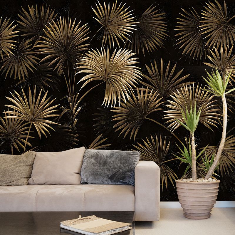 Tropical Plant Fern Leaves Mural Gold and Black Waterproof Wall Decor for Living Room