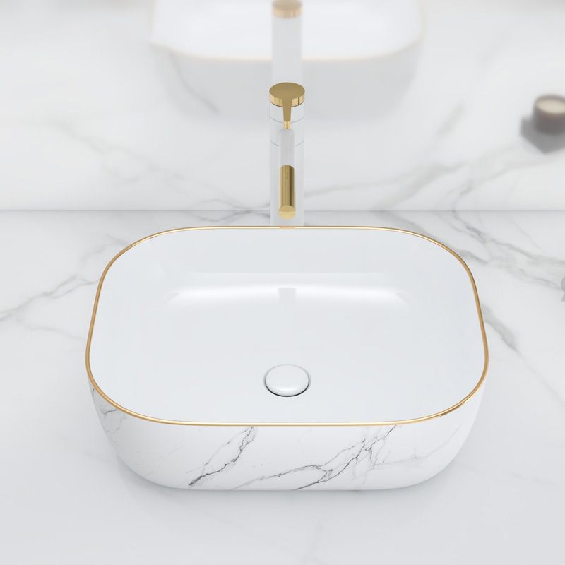 Modern Bathroom Sink Porcelain Pop-Up Drain Solid Color Rectangular Vessel