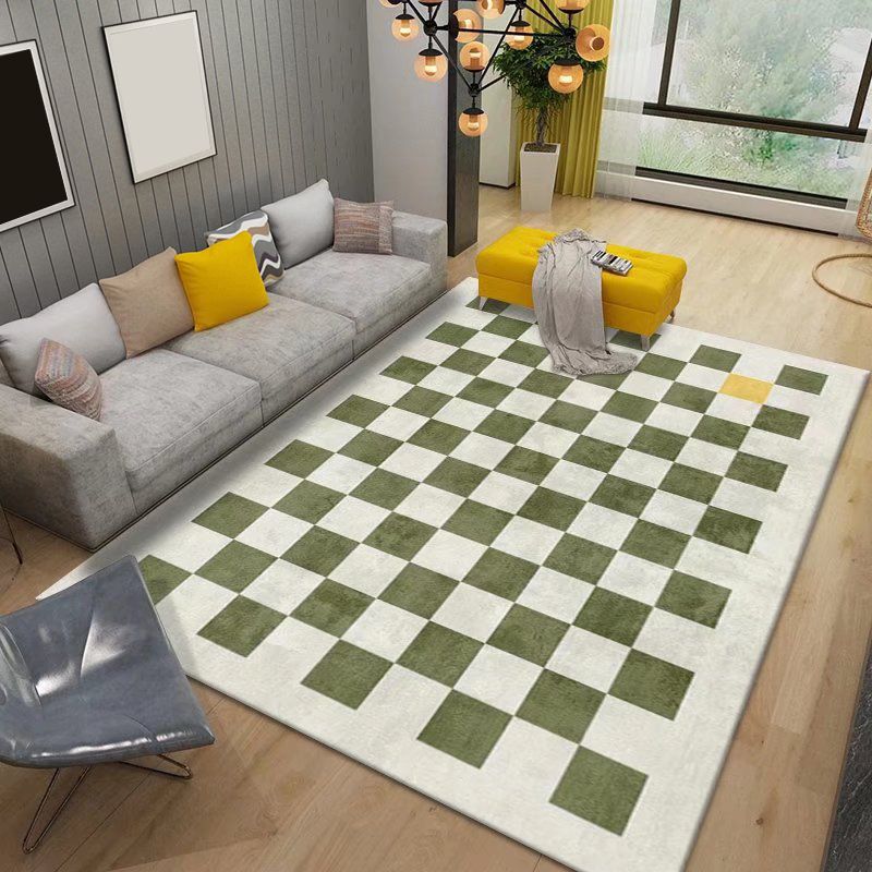Green Lattice Print Rug Polyester Modern Washable Rug Non-Slip Backing Rug for Living Room