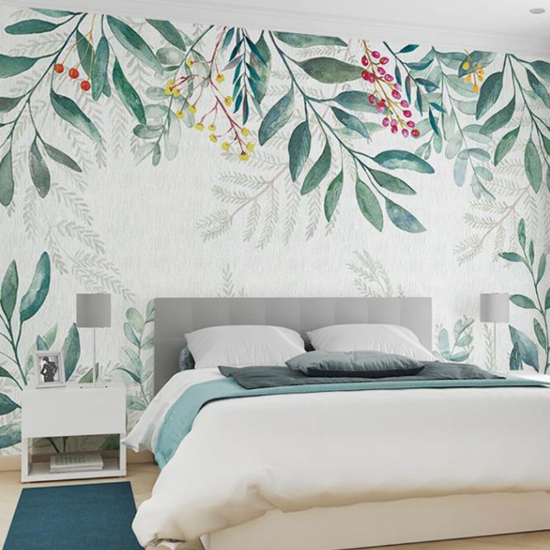 Full Nordic Mural Wallpaper Pastel Green Leaf and Stem Wall Decor, Made to Measure