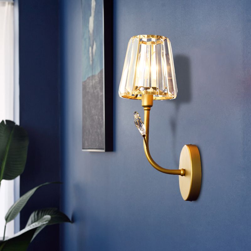 Brass Finish Tapered Wall Lighting Minimalist 1/2-Light Crystal Wall Sconce Lamp with Curved Arm