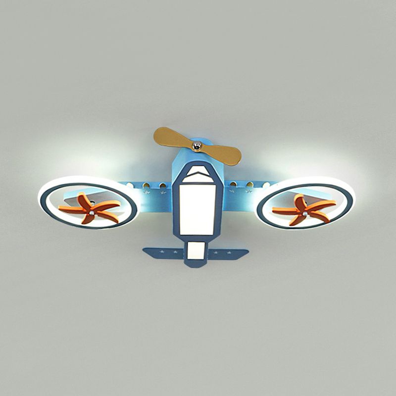 Blue Jet Plane Ceiling Lighting Kids Style Metallic LED Flush Mount Lamp with Spinnable Wing