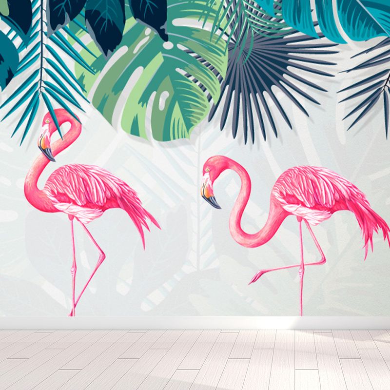 Flamingos and Leaves Wall Mural Modern Decorative Living Room Wall Covering, Custom