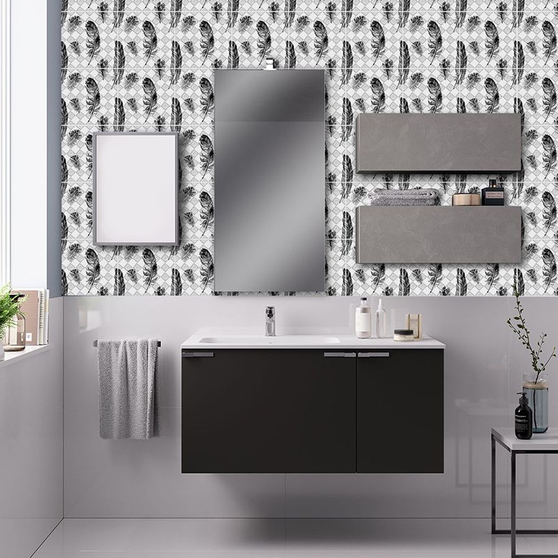 Modernist Feathers Stick Wallpaper Panel Black-Grey-White Tiles Wall Covering for Bath