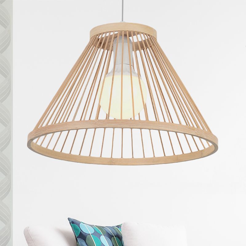 Bamboo Conical Shade Pendant Light Fixture Modern Style 1 Bulb Beige Suspension Lamp for Living Room