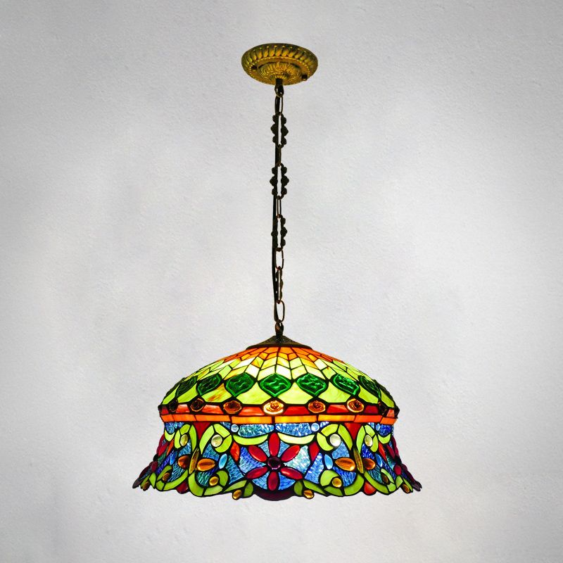 Traditional Shaded Ceiling Light 3 Bulbs Flower Stained Glass Hanging Lamp for Living Room