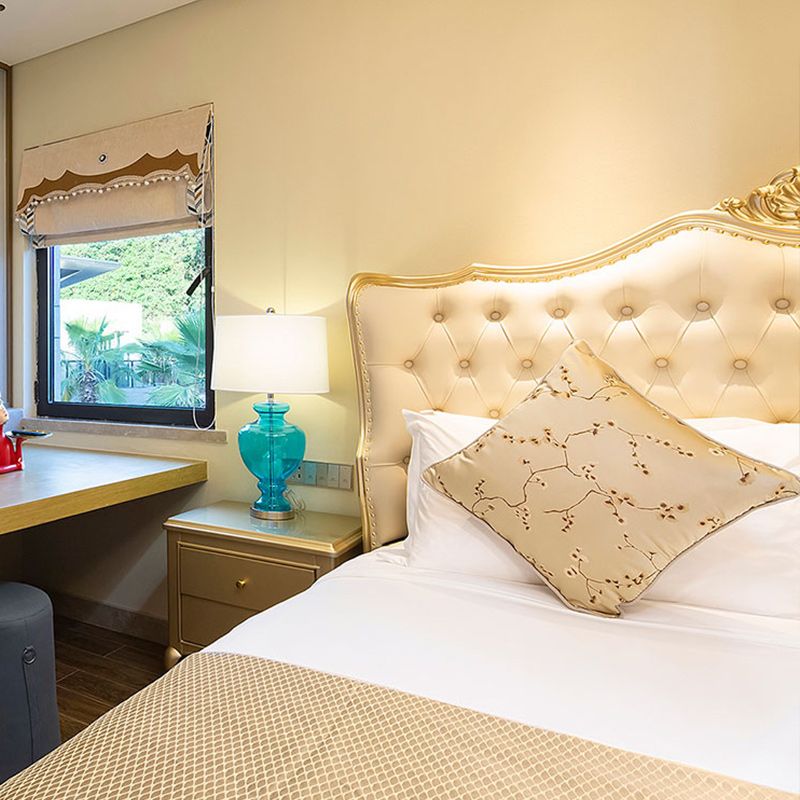 Contemporary White Bed with Upholstered Headboard in Victorian Style Leather Wood