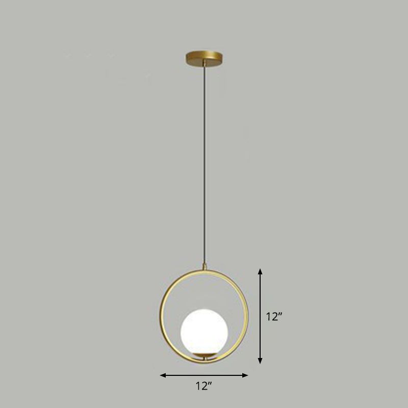 Ball Ceiling Suspension Lamp Simple Style White Glass Single Pendant Light with Metal Ring