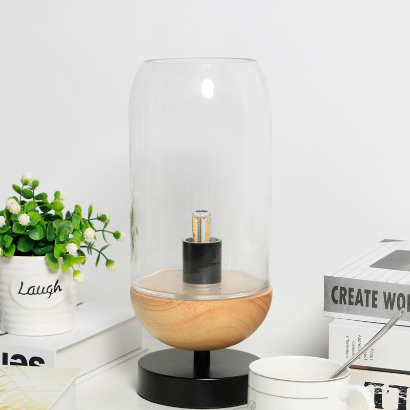 Moderna illuminazione da tavolo a LED Lampada da scrivania piccola con cilindro nero e legno con paralume in vetro trasparente