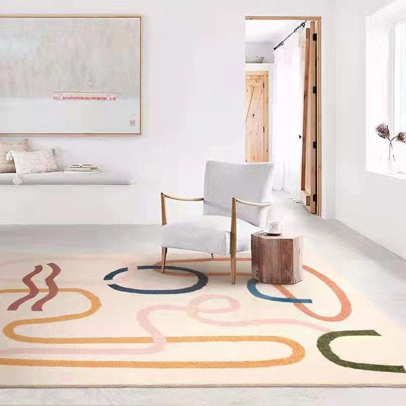 Light Yellow Irregular Line Rug Polyester Simple Rug Washable Rug for Living Room