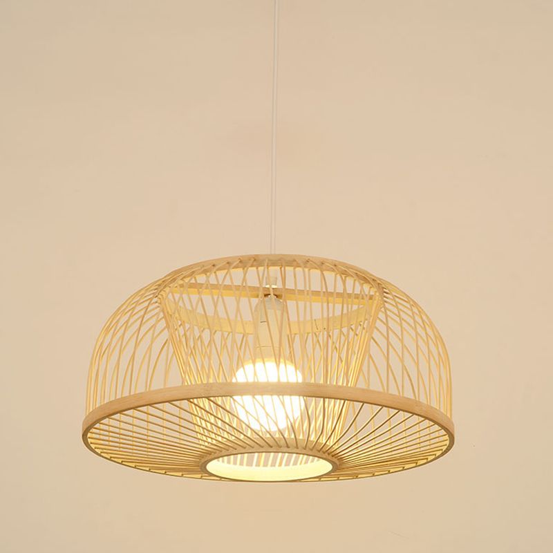 Asia Bamboo Hanging Ceiling Light 1-Light Dome Beige Ceiling Pendant Light