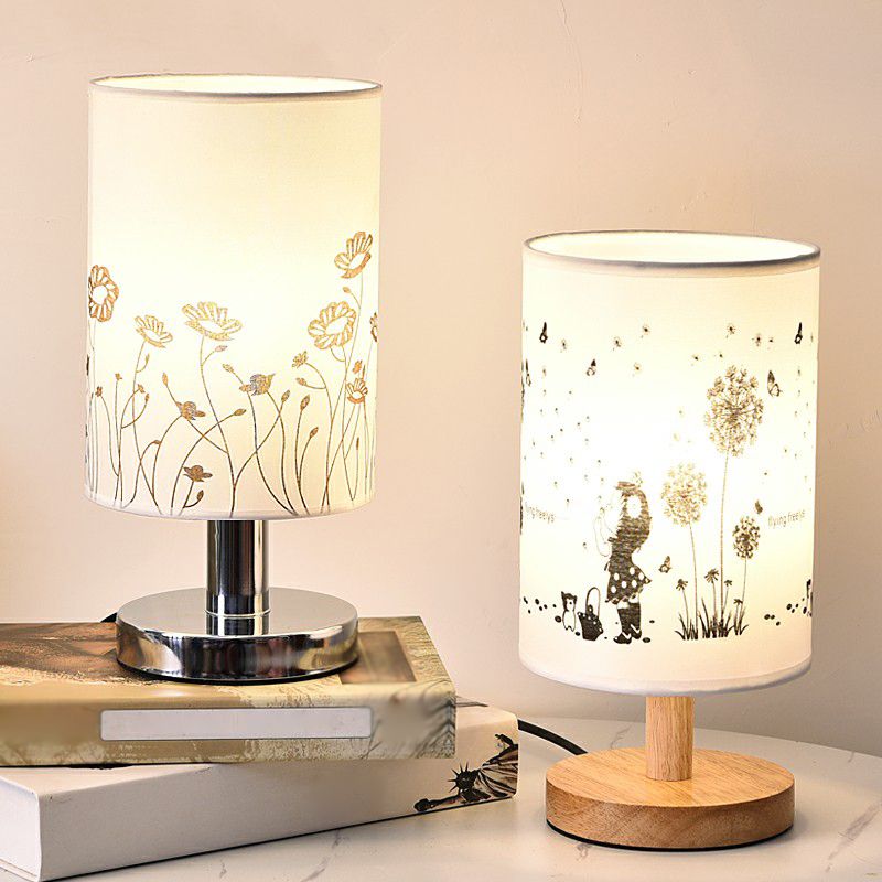 Lampada da comodino cilindrica in tessuto stampato a 1 luce da comodino minimalista in bianco