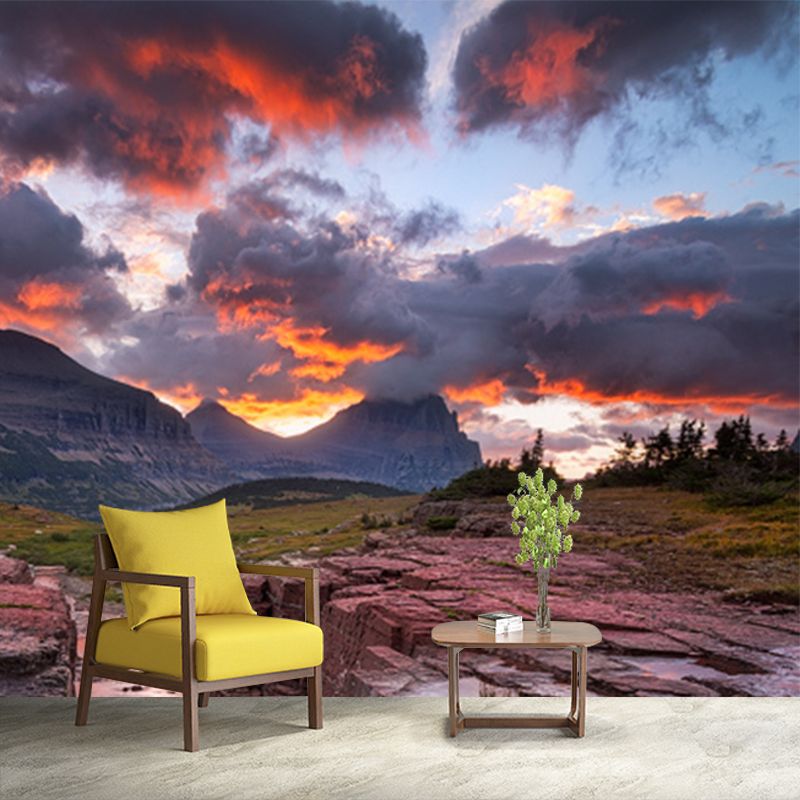 Sunset Rift Valley Cascades Mural Orange Modernist Wall Covering for Bedroom, Non-Woven