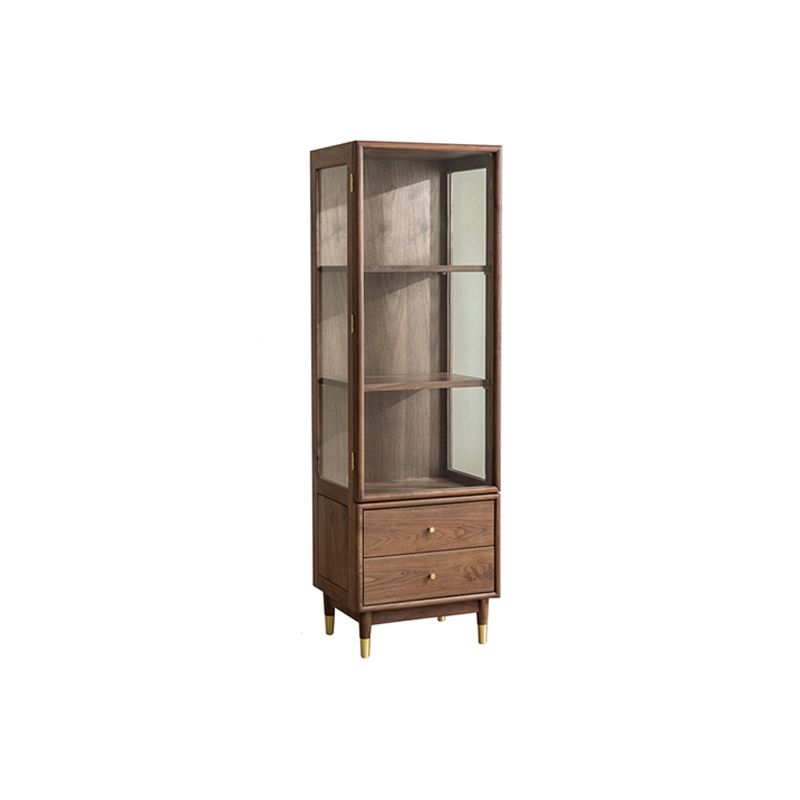 66.9" Tall 2-Drawer Accent Cabinet Solid Wood Glass Paned Side Cabinet in Walnut Brown
