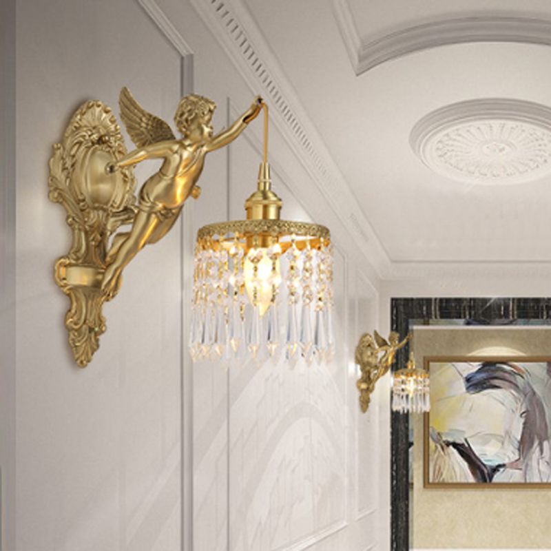 Cylinder Shape Crystal Wall Lighting Modern Style 1 Light Wall Mounted Light in Gold