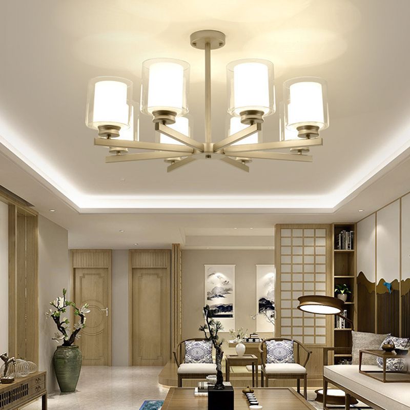Double-layer Glass Shade Chandelier Lighting Fixture Traditional Style Cylindrical Pendant Hanging Light in Champagne Silver