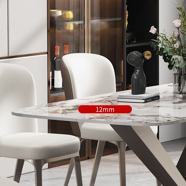 Mesa de comedor de piedra sinterizada de estilo contemporáneo con mesa fija blanca y base de caballete para uso en el hogar