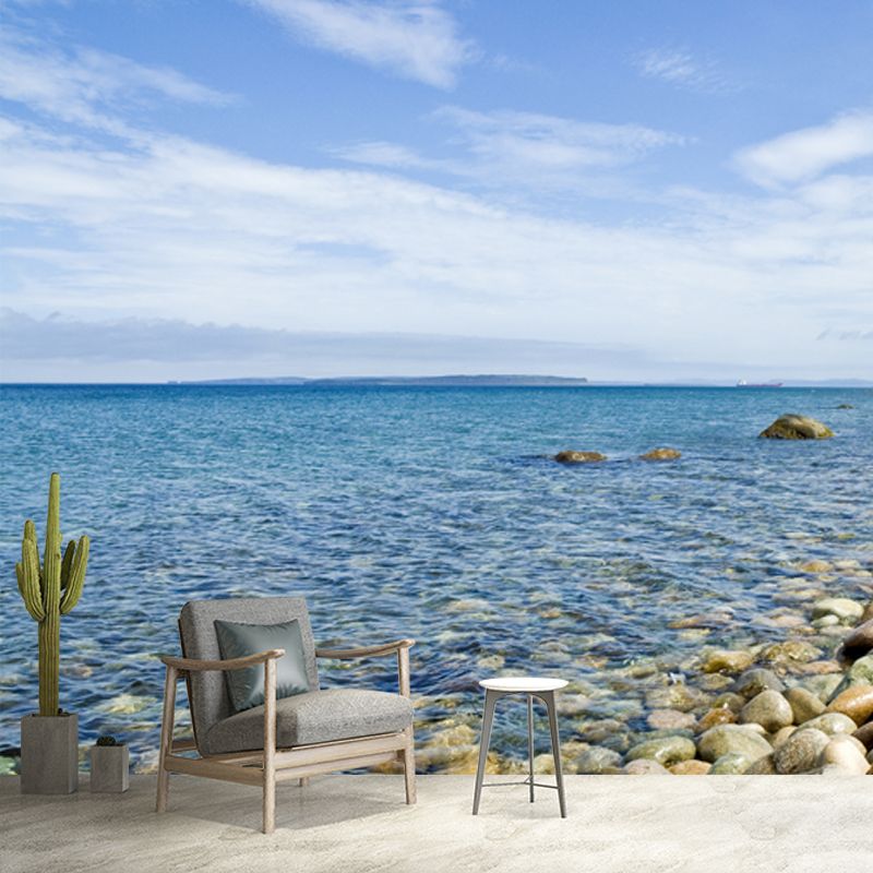 Tropical Sea Pebble Bay Mural Blue-White Moisture Resistant Wall Decor for Bedroom