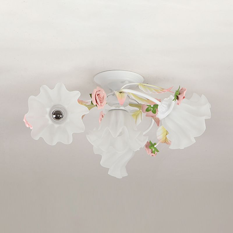 Pastoral Ruffle Ceiling Flush Lamp 4/7/9 Heads Frosted White Glass Semi Flush Mount for Dining Room