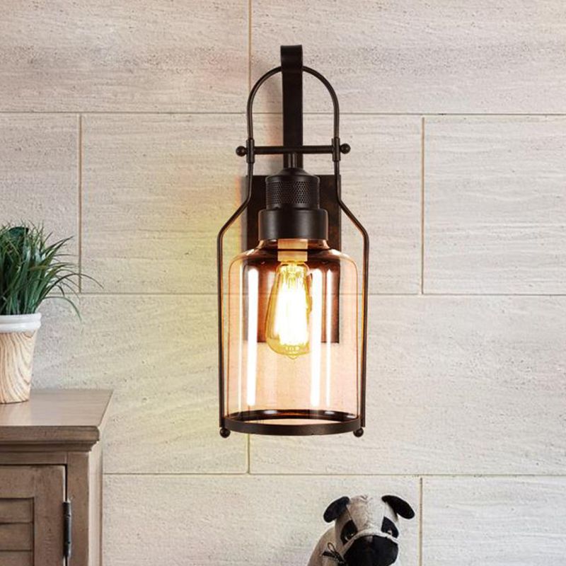 Schwarz 1-Licht-Wandmontage Leuchte Industrielle Clearglaszylinderlampe