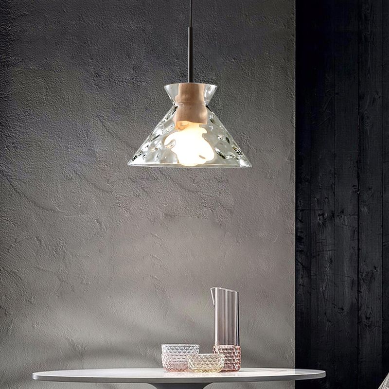 Ripple Glass Black Hanging Lamp in Modern Artistic Style Wooden Geometric Pendant Light
