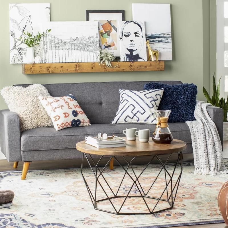 17.7" H Wood Round Top Coffee Table, Metal Frame Base Cocktail Table