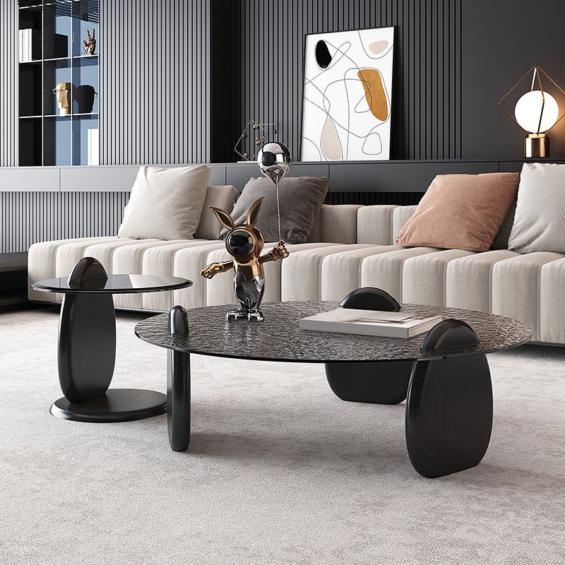 Glass Top Coffee Table Black Modern Round 3 Legs  Cocktail Table
