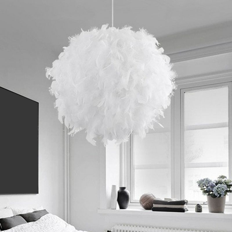 Globe Pendulum Light Simple Feather 1 Head White Hanging Light Fixture for Bedroom
