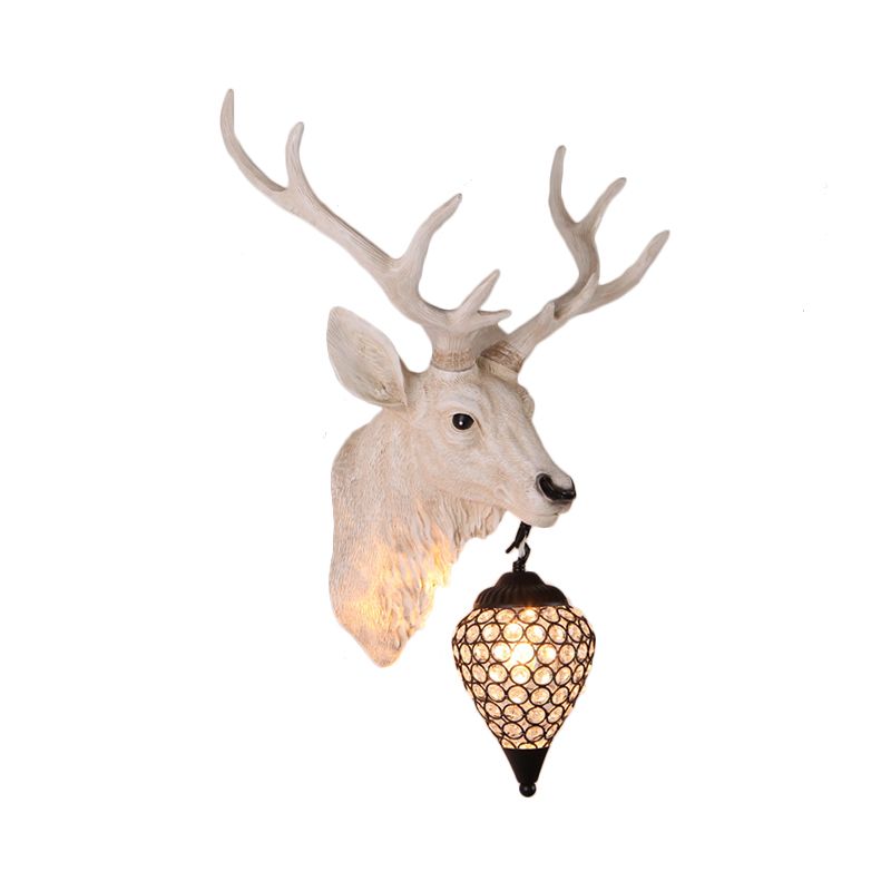 Teardrop Beveled Crystal Wall Lighting Country 15"/20.5"/24.5" Wide 1 Head Bedroom Sconce Lamp with Deer Head in White/Yellow/Gold