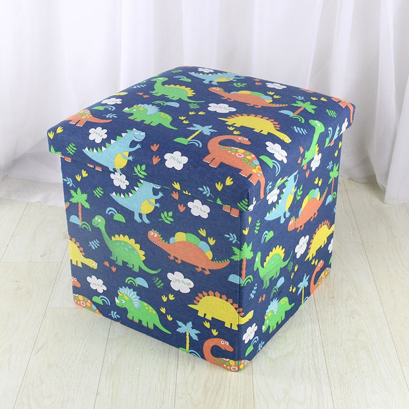 Modern Blue Square Ottoman Trees Pattern Cotton Indoor Ottoman