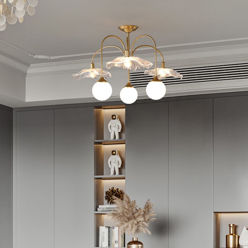 Metal Semi Flush Lamp Traditional Multi-Head Bedroom Ceiling Lighting with Glass Shade