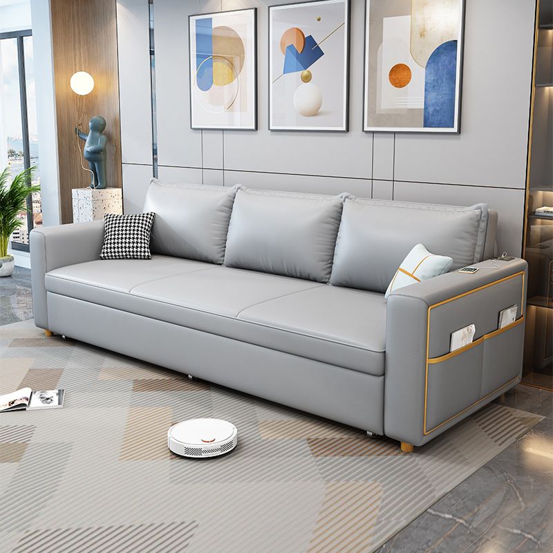 Modern Futon Sleeper Sofa Gray Upholstered with Storage Pillow Back Square Arms