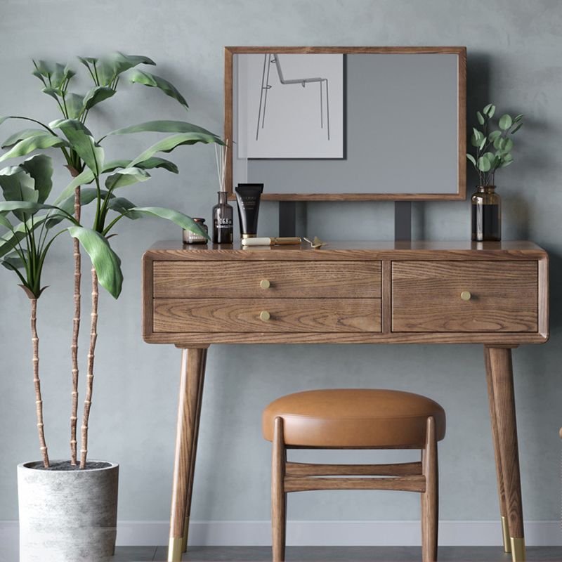 3 Drawers Mirrored Makeup Table Solid Wood Vanity Desk Stool Set