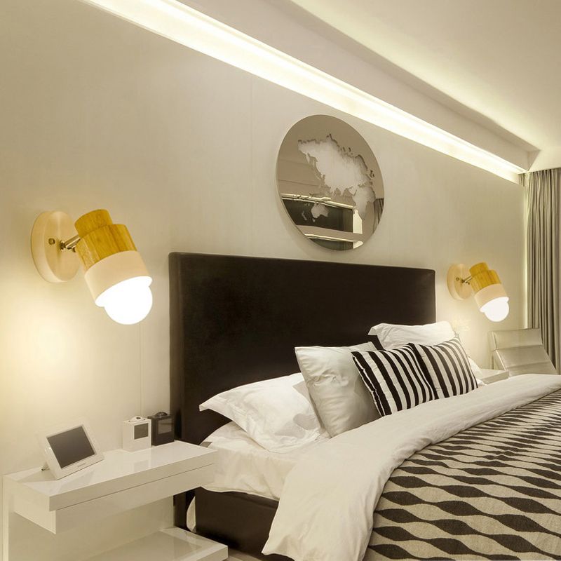 1 Light Rotatable Wall Sconce Lighting Modern Cylinder Metal and Wood Wall Mount Light in Black/white