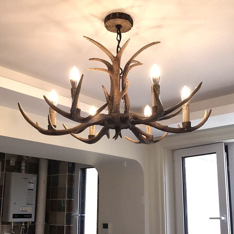Fake Antler Chandelier Lighting Rustic Brown Resin Ceiling Light with Candle Design